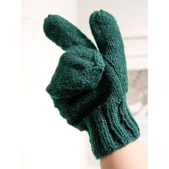 Unisex Forest Green Hand Knit Trigger Mittens - Size Large - Picture 1 of 5